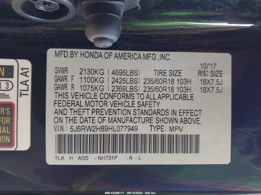 2017 Honda Cr-V Ex-L/Ex-L Navi VIN: 5J6RW2H89HL077949 Lot: 43206117