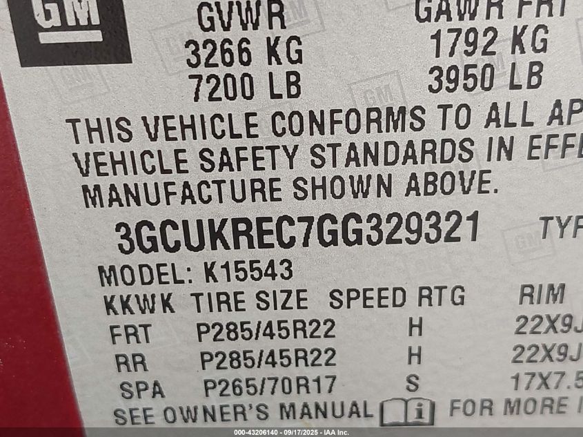 2016 Chevrolet Silverado 1500 2Lt VIN: 3GCUKREC7GG329321 Lot: 43206140