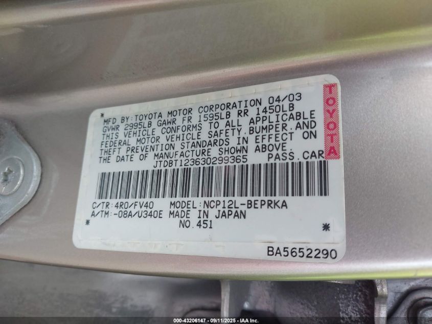 2003 Toyota Echo VIN: JTDBT123630299365 Lot: 43206147