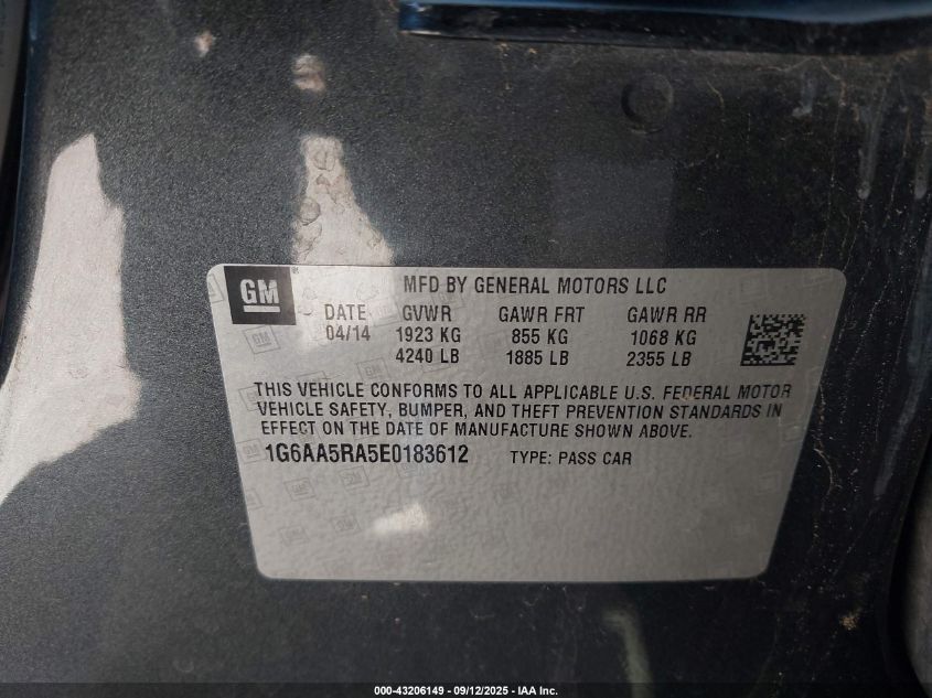 2014 Cadillac Ats Standard VIN: 1G6AA5RA5E0183612 Lot: 43206149