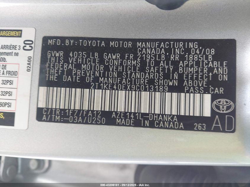 2009 Toyota Matrix S VIN: 2T1KE40EX9C013189 Lot: 43206181
