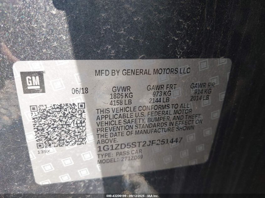 2018 Chevrolet Malibu Lt VIN: 1G1ZD5ST2JF251447 Lot: 43206199