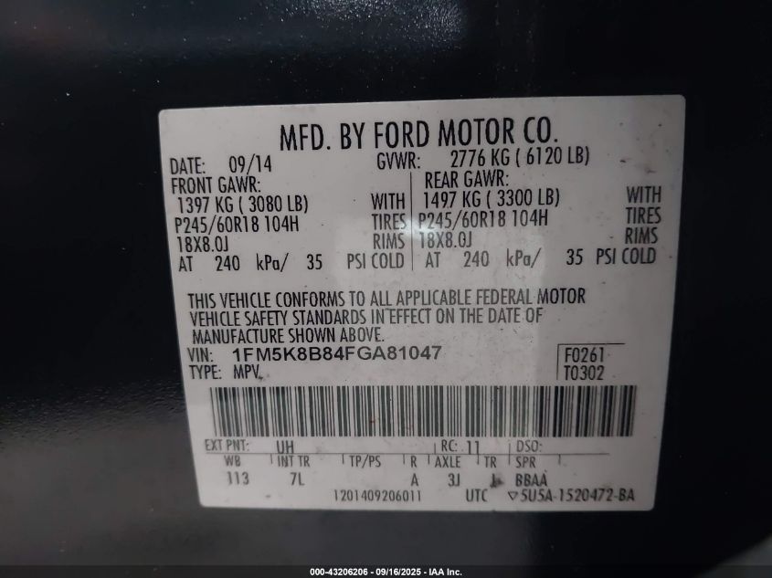 2015 Ford Explorer VIN: 1FM5K8B84FGA81047 Lot: 43206206