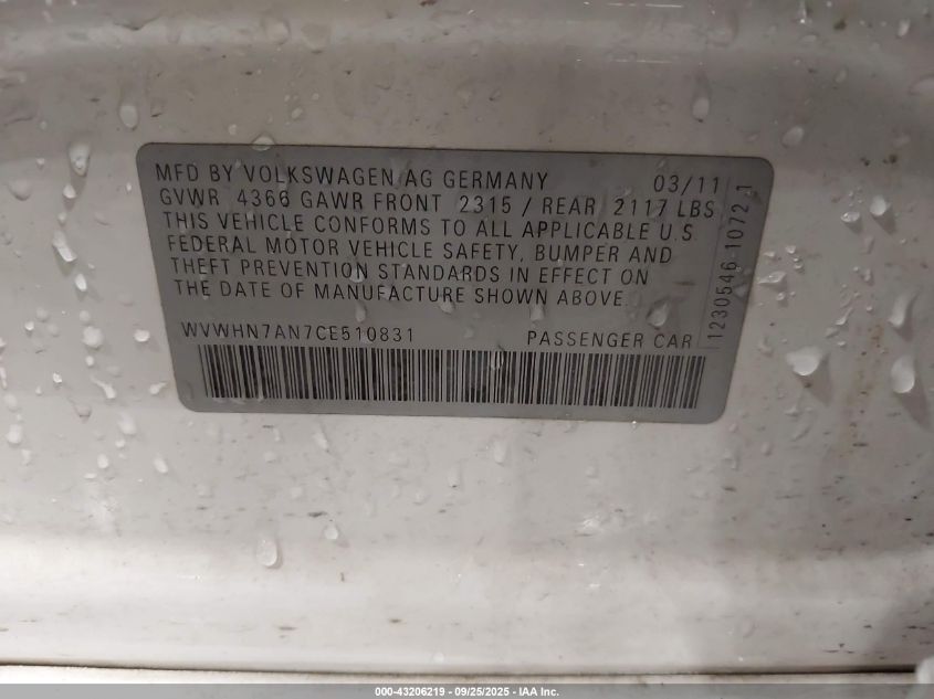 2012 Volkswagen Cc Lux VIN: WVWHN7AN7CE510831 Lot: 43206219
