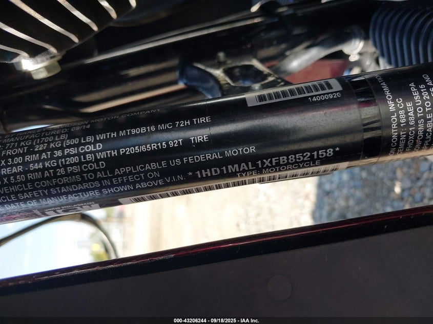 2015 Harley-Davidson Flhtcutg Tri Glide Ultra VIN: 1HD1MAL1XFB852158 Lot: 43206244