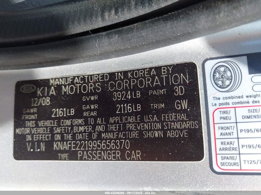 2009 Kia Spectra Ex VIN: KNAFE221995656370 Lot: 43206260