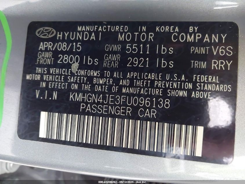 2015 Hyundai Genesis 3.8 VIN: KMHGN4JE3FU096138 Lot: 43206262