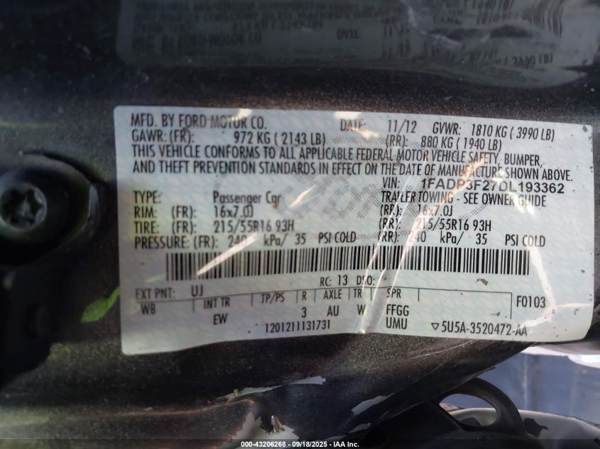 2013 Ford Focus Se VIN: 1FADP3F27DL193362 Lot: 43206268