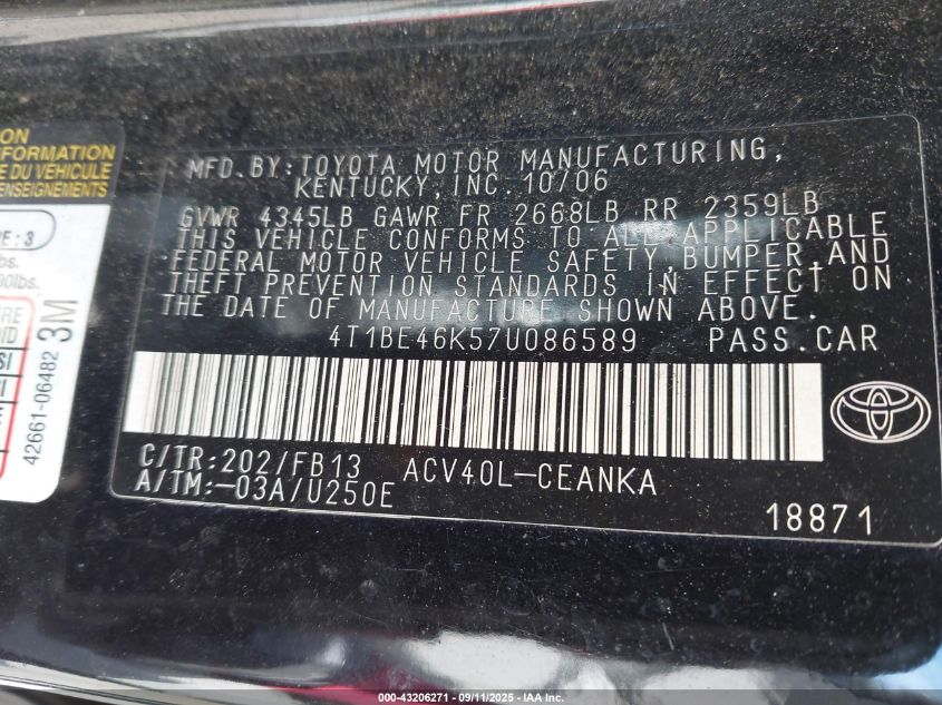 2007 Toyota Camry Le VIN: 4T1BE46K57U086589 Lot: 43206271