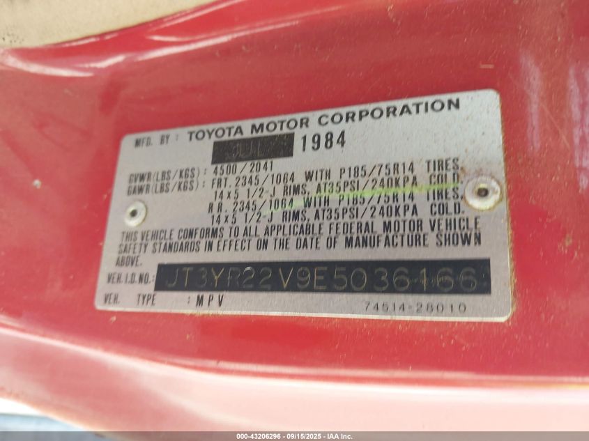 1984 Toyota Van Wagon Deluxe VIN: JT3YR22V9E5036166 Lot: 43206296