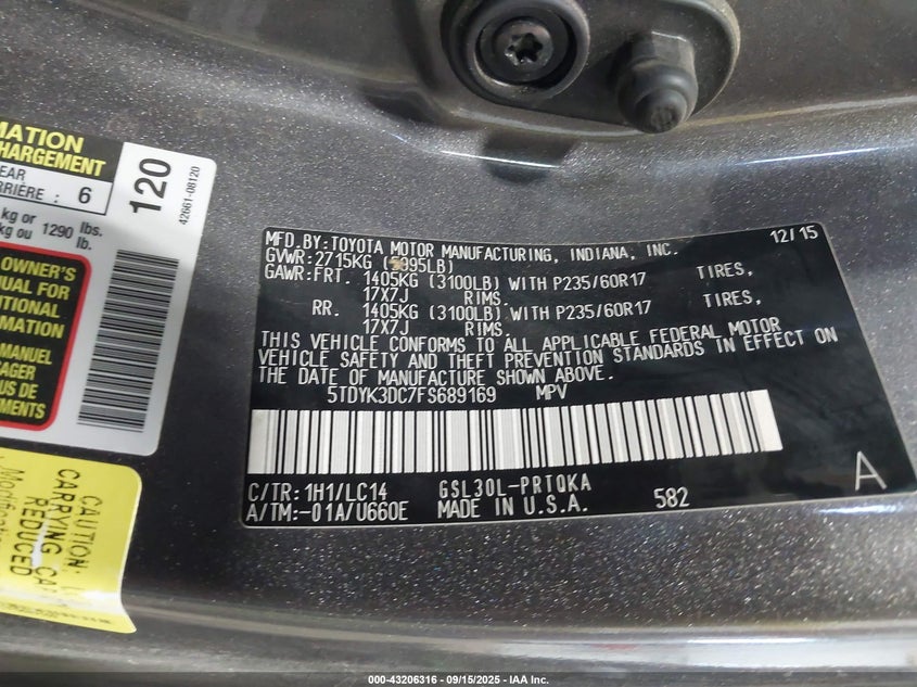 2015 Toyota Sienna Xle 8 Passenger VIN: 5TDYK3DC7FS689169 Lot: 43206316