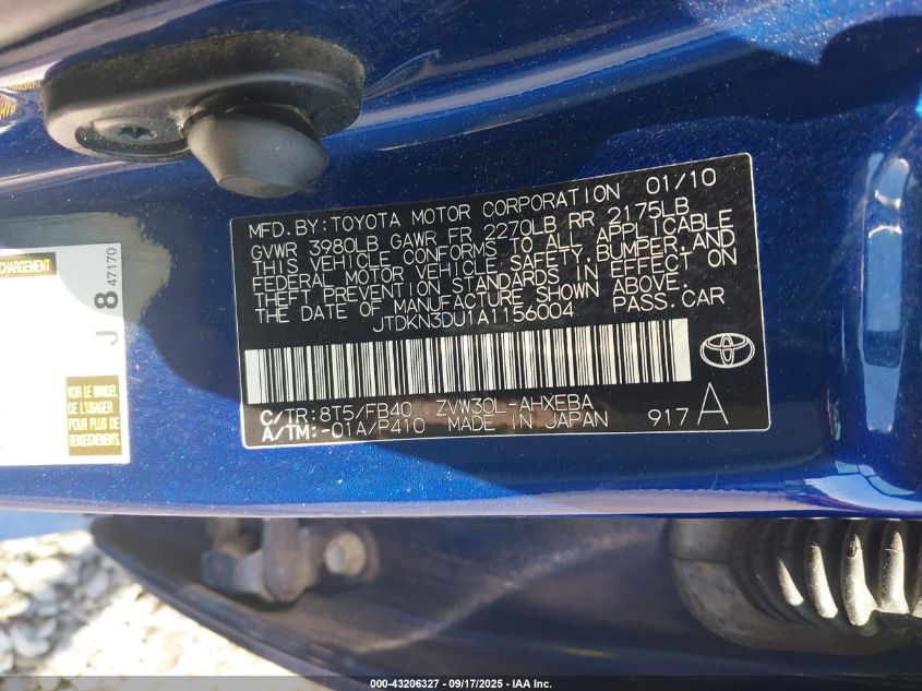 2010 Toyota Prius Iii VIN: JTDKN3DU1A1156004 Lot: 43206327