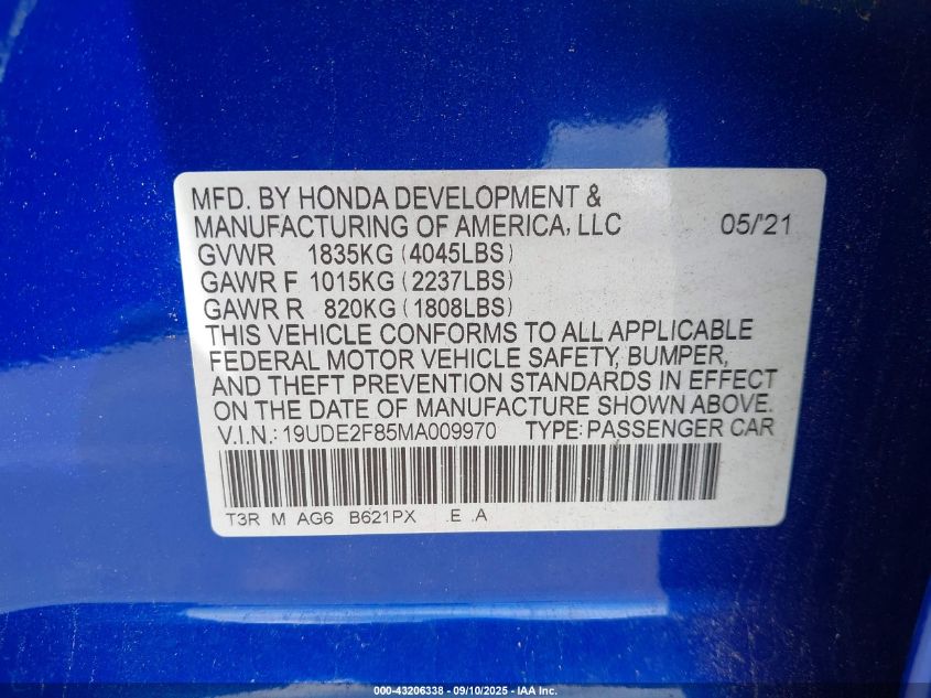2021 Acura Ilx Premium A-Spec Packages/Technology A-Spec Packages VIN: 19UDE2F85MA009970 Lot: 43206338