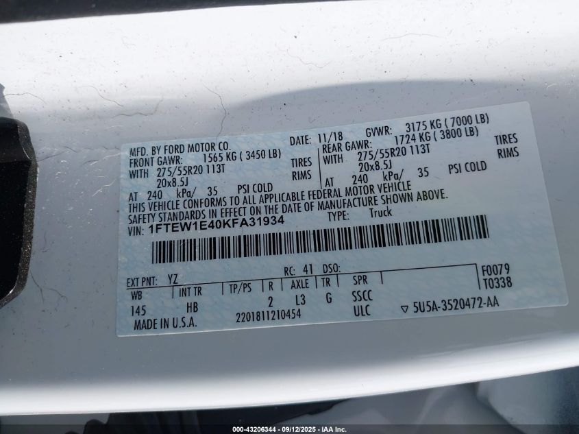2019 Ford F-150 Lariat VIN: 1FTEW1E40KFA31934 Lot: 43206344