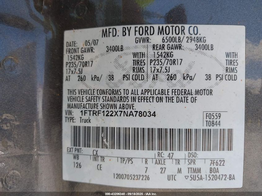 2007 Ford F-150 Stx/Xl/Xlt VIN: 1FTRF122X7NA78034 Lot: 43206348