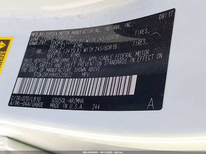 2017 Toyota Highlander Xle VIN: 5TDKZRFH9HS520822 Lot: 43206353