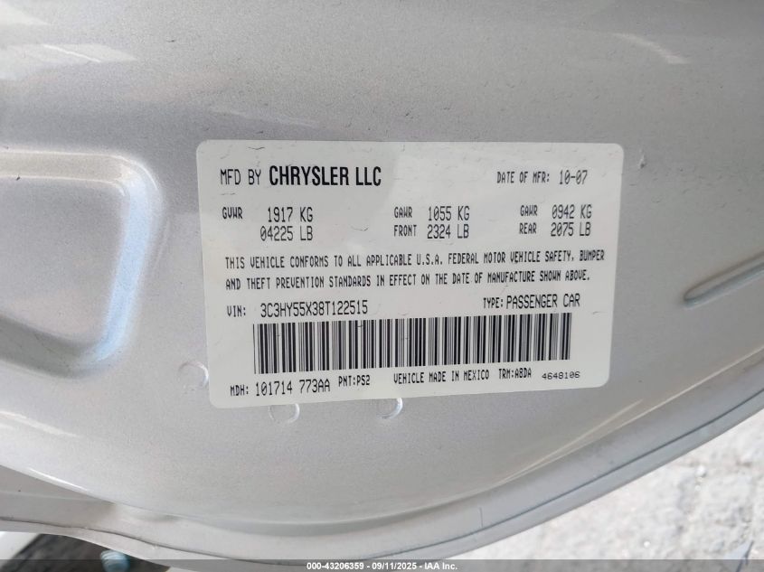 2008 Chrysler Pt Cruiser Touring VIN: 3C3HY55X38T122515 Lot: 43206359