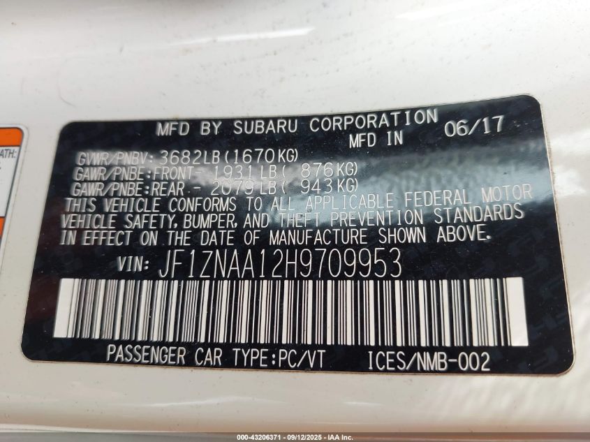 2017 Toyota 86 VIN: JF1ZNAA12H9709953 Lot: 43206371