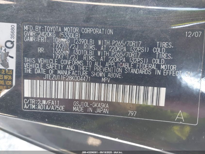 2008 Toyota Fj Cruiser VIN: JTEZU11F28K004471 Lot: 43206381