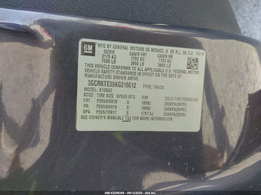 2010 Chevrolet Silverado 1500 Ltz VIN: 3GCRKTE39AG216612 Lot: 43206385