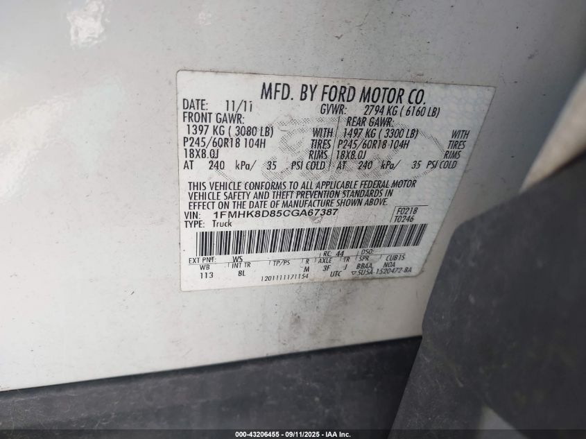 2012 Ford Explorer Xlt VIN: 1FMHK8D85CGA67387 Lot: 43206455