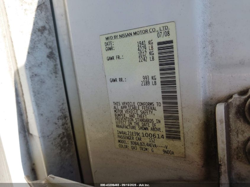 2009 Nissan Altima 2.5 S VIN: 1N4AL21E39C100614 Lot: 43206465