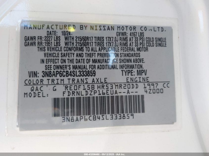 2025 Nissan Kicks Sv Intelligent Awd VIN: 3N8AP6CB4SL333859 Lot: 43206468