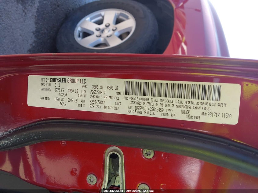 2011 Ram Ram 1500 Slt VIN: 1D7RV1CT4BS642450 Lot: 43206473