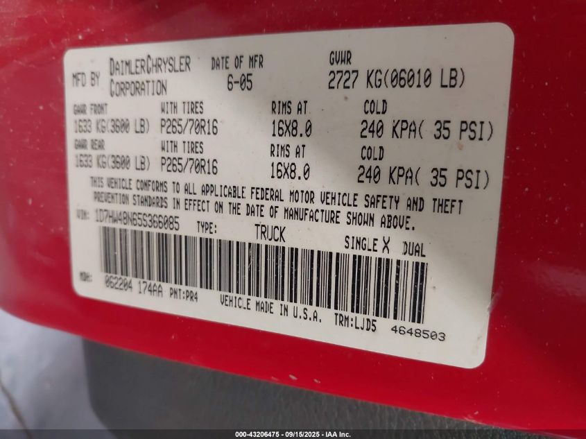 2005 Dodge Dakota Slt VIN: 1D7HW48N65S366085 Lot: 43206475