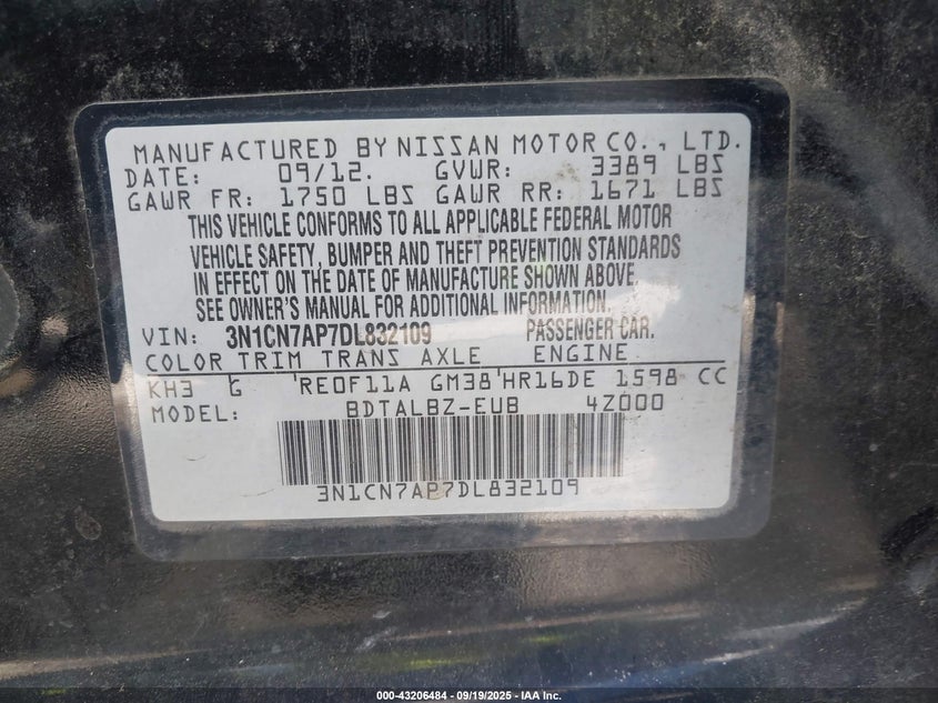 2013 Nissan Versa 1.6 S+ VIN: 3N1CN7AP7DL823109 Lot: 43206484