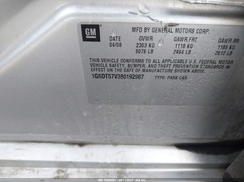 2008 Cadillac Cts Standard VIN: 1G6DT57V380192987 Lot: 43206487