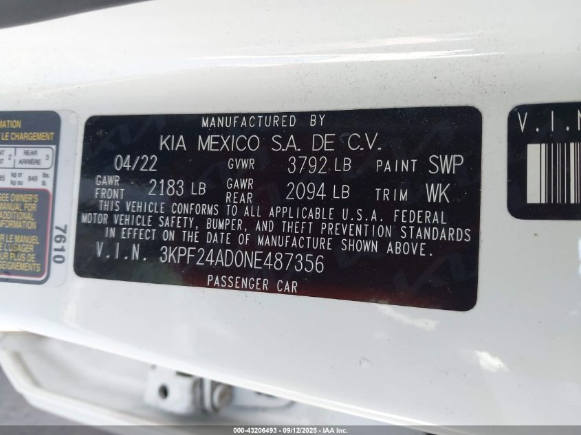 2022 Kia Forte Lxs VIN: 3KPF24AD0NE487356 Lot: 43206493