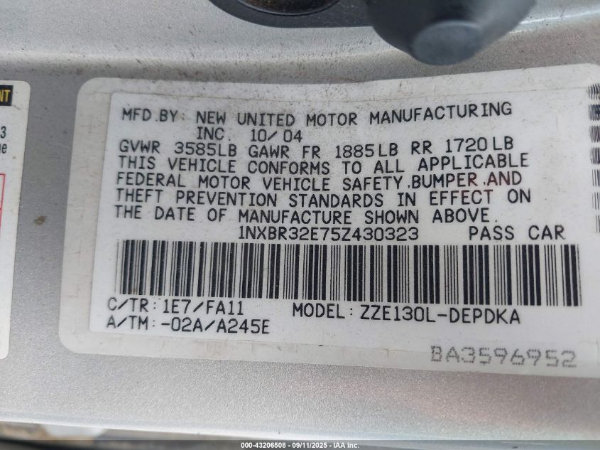 2005 Toyota Corolla Ce VIN: 1NXBR32E75Z430323 Lot: 43206508