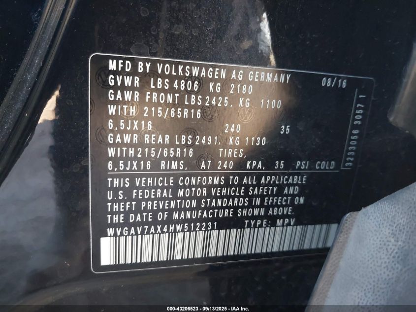 2017 Volkswagen Tiguan 2.0T S VIN: WVGAV7AX4HW512231 Lot: 43206523