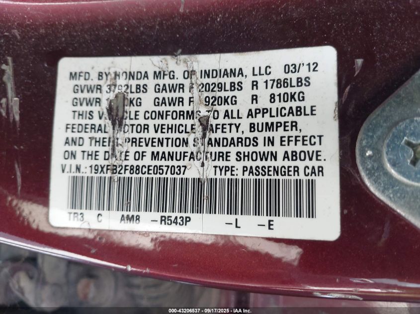 2012 Honda Civic Ex VIN: 19XFB2F88CE057037 Lot: 43206537