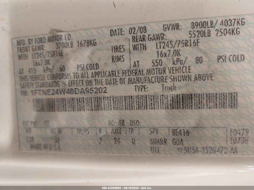 2008 Ford E-250 Commercial/Recreational VIN: 1FTNE24W48DA95202 Lot: 43206565