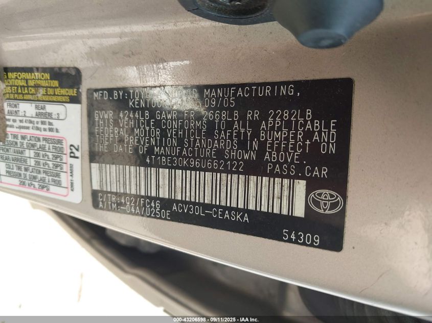 2006 Toyota Camry Se VIN: 4T1BE30K96U662122 Lot: 43206598