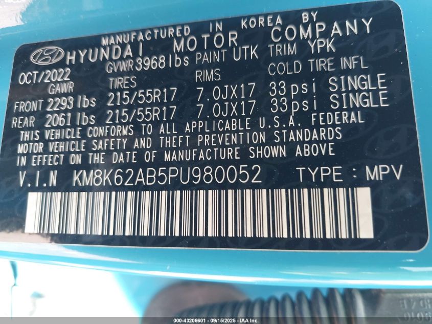 2023 Hyundai Kona Sel VIN: KM8K62AB5PU980052 Lot: 43206601