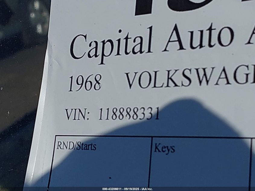1968 Volkswagen Beetle VIN: 118888331 Lot: 43206611