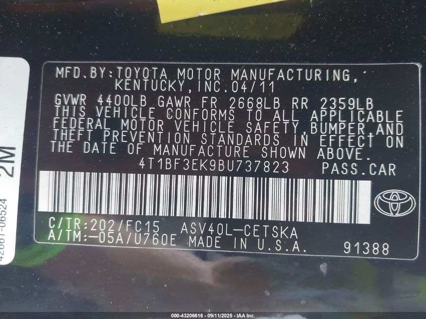 2011 Toyota Camry Se VIN: 4T1BF3EK9BU737823 Lot: 43206616