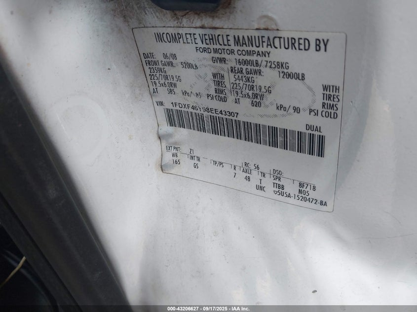 2008 Ford F-450 Chassis Xl/Xlt VIN: 1FDXF46Y98EE43307 Lot: 43206627