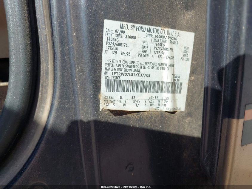 2001 Ford F-150 Harley-Davidson Edition/King Ranch Edition/Lariat/Xlt VIN: 1FTRW07L81KE37708 Lot: 43206628