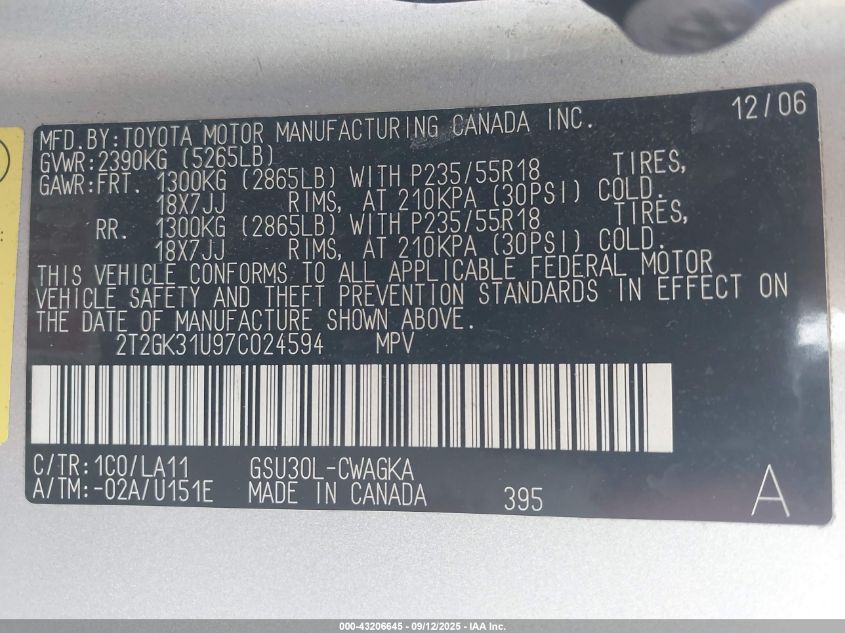 2007 Lexus Rx 350 VIN: 2T2GK31U97C024594 Lot: 43206645