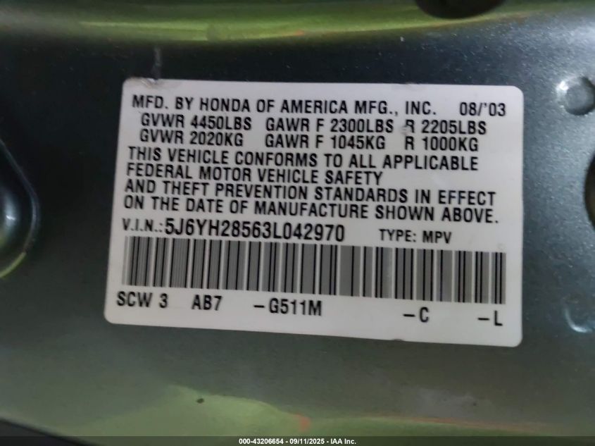 2003 Honda Element Ex VIN: 5J6YH28563L042970 Lot: 43206654