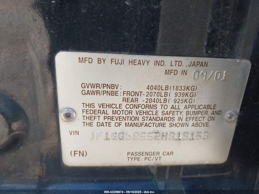 2002 Subaru Impreza Outback Sport VIN: JF1GG68552H818153 Lot: 43206674