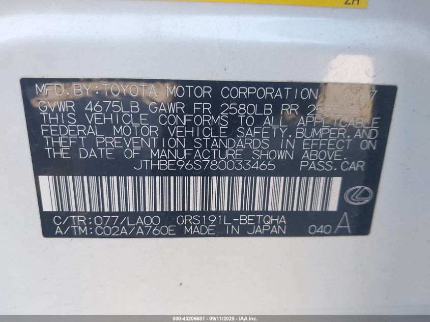 2008 Lexus Gs 350 VIN: JTHBE96S780033465 Lot: 43206681