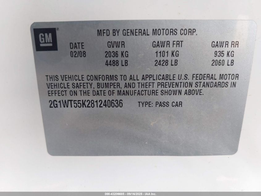 2008 Chevrolet Impala Lt VIN: 2G1WT55K281240636 Lot: 43206685
