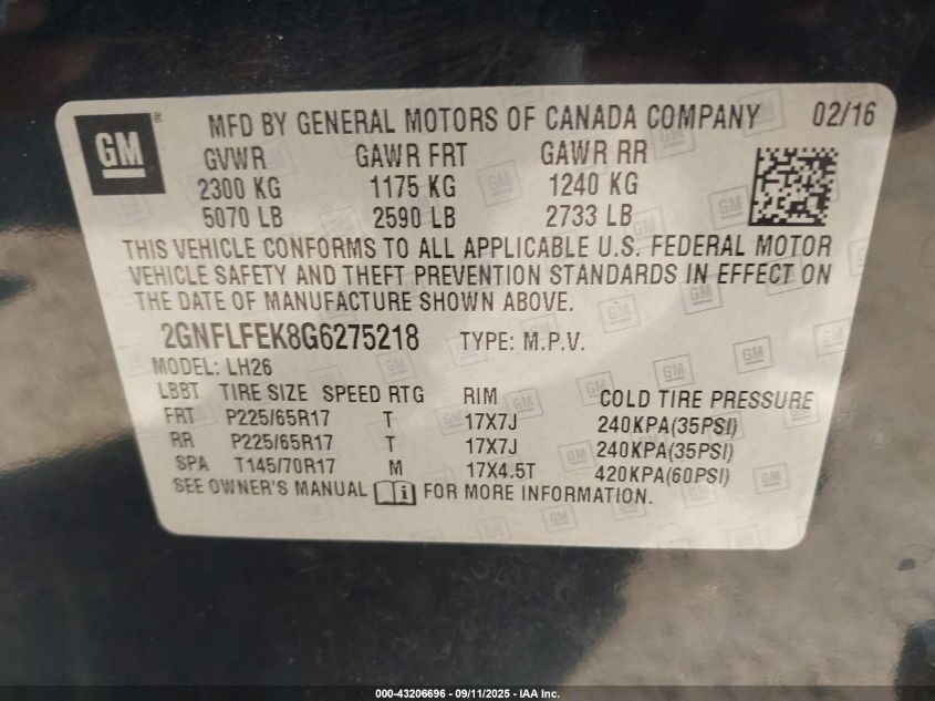 2016 Chevrolet Equinox Lt VIN: 2GNFLFEK8G6275218 Lot: 43206696