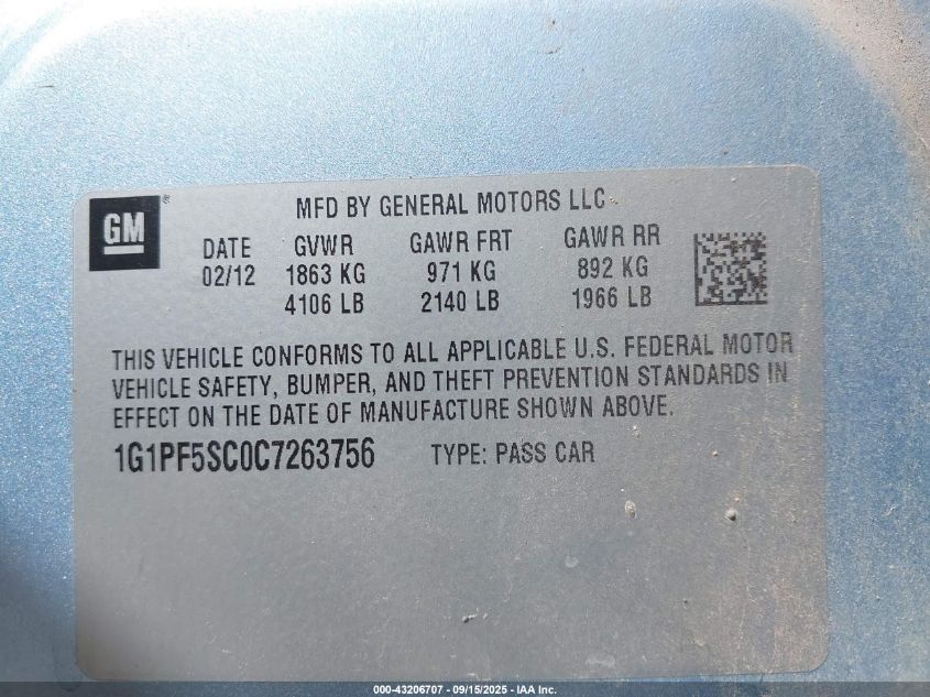 2012 Chevrolet Cruze 1Lt VIN: 1G1PF5SC0C7263756 Lot: 43206707