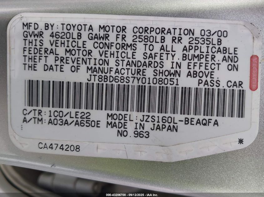 2000 Lexus Gs 300 300 VIN: JT8BD68S7Y0108051 Lot: 43206708